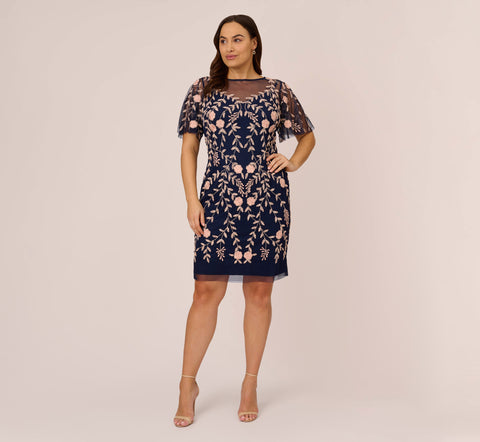 Plus Size Floral Beaded Dress With Sheer Flutter Sleeves In Navy Blush