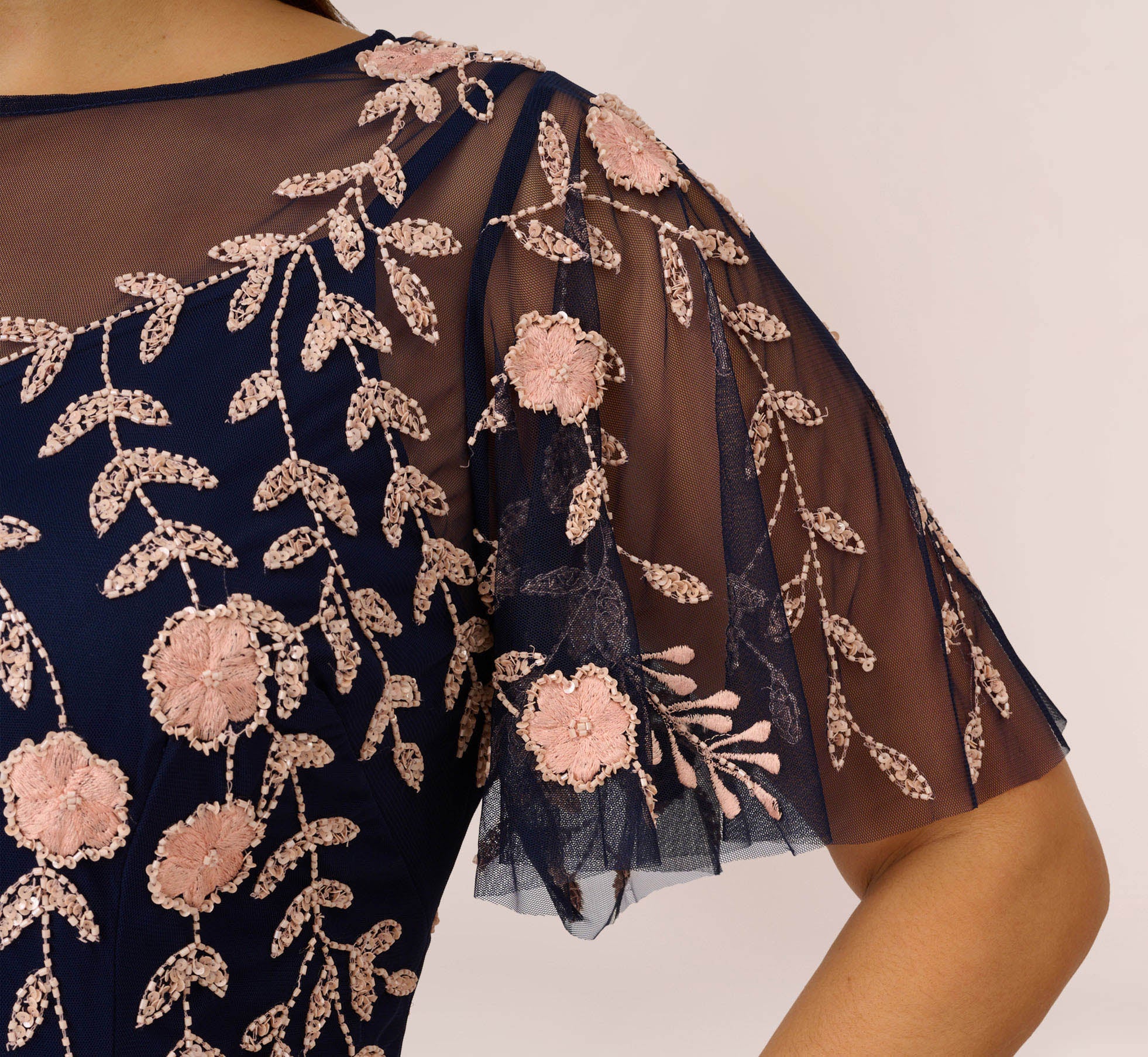 Plus Size Floral Beaded Dress With Sheer Flutter Sleeves In Navy 