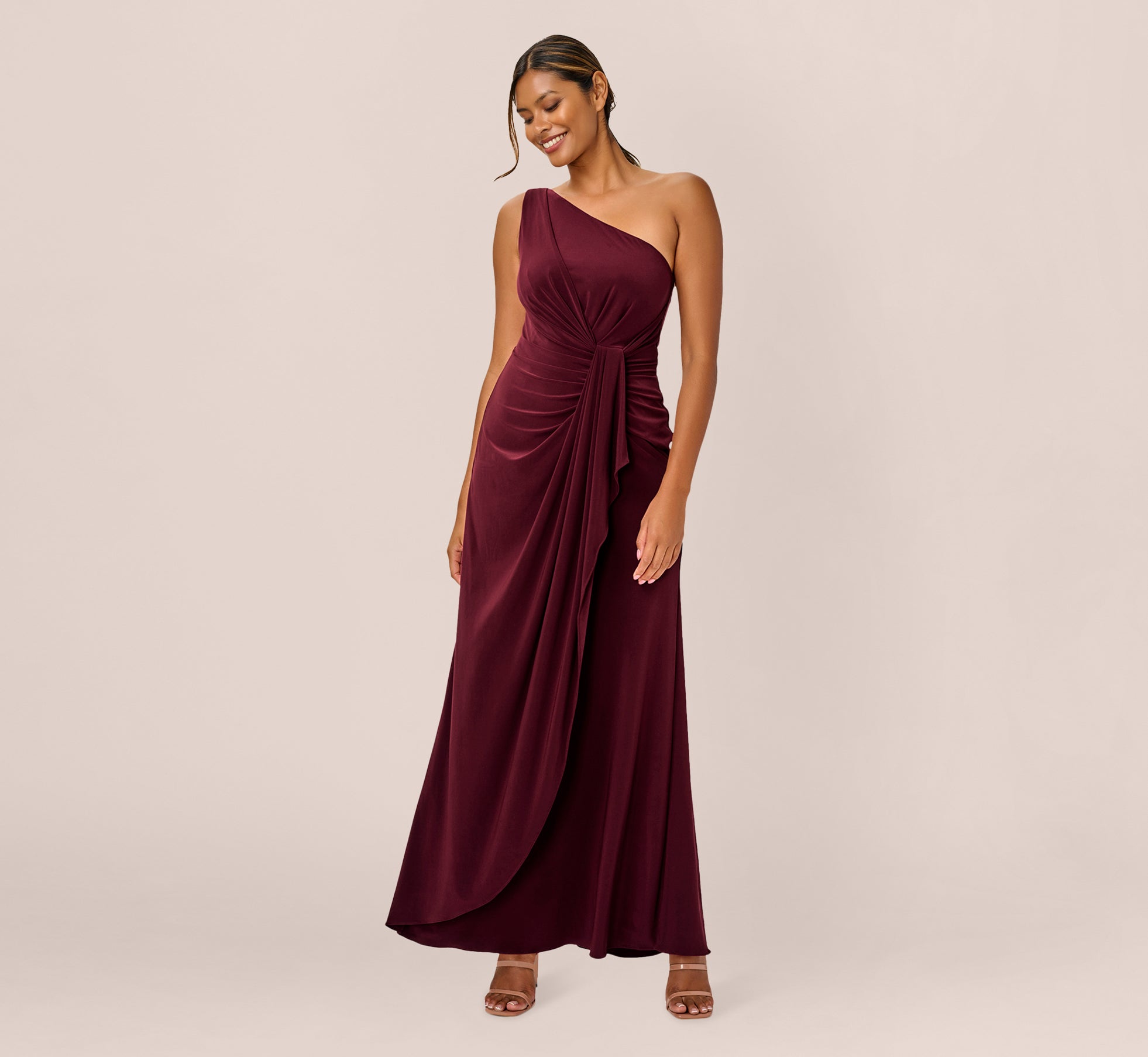 One Shoulder Dress With Draped Waist Detail In Red Wine 1