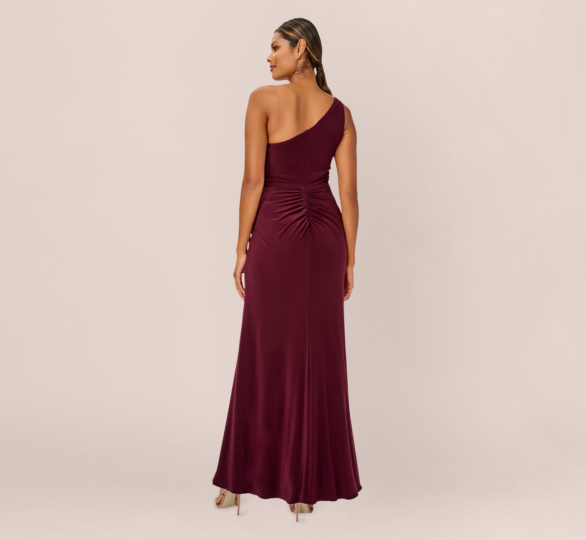 One Shoulder Dress With Draped Waist Detail In Red Wine Adrianna