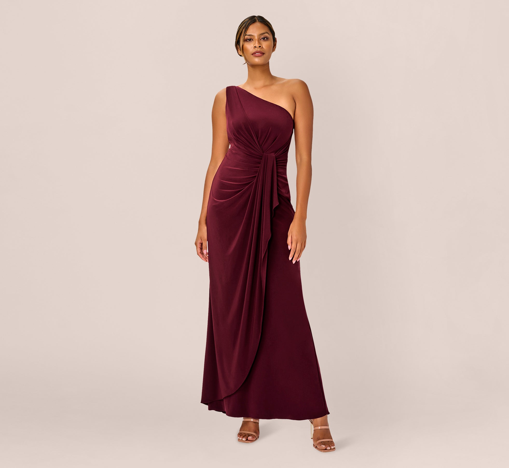 One Shoulder Dress With Draped Waist Detail In Red Wine – Adrianna Papell