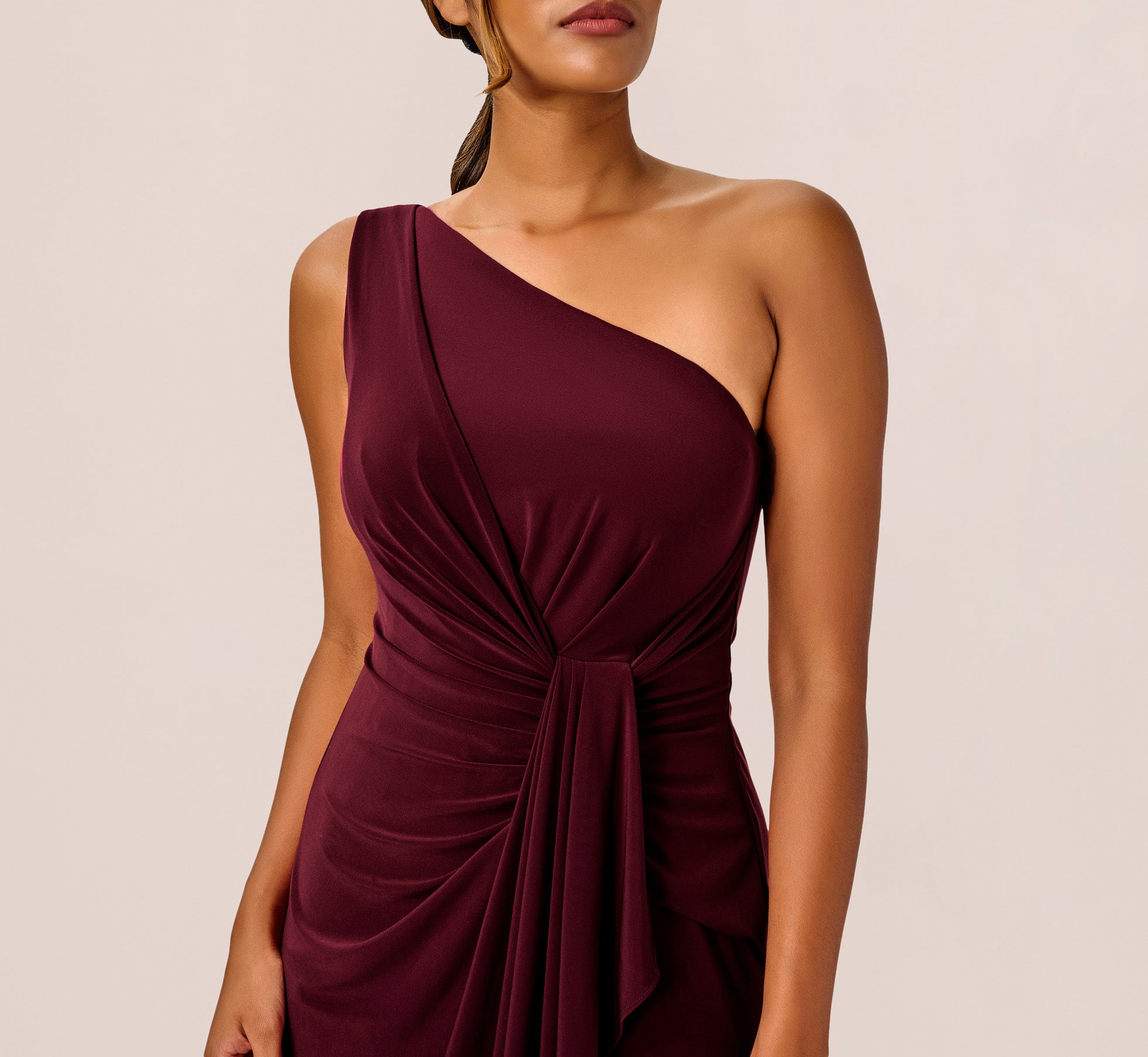 One Shoulder Dress With Draped Waist Detail In Red Wine Adrianna