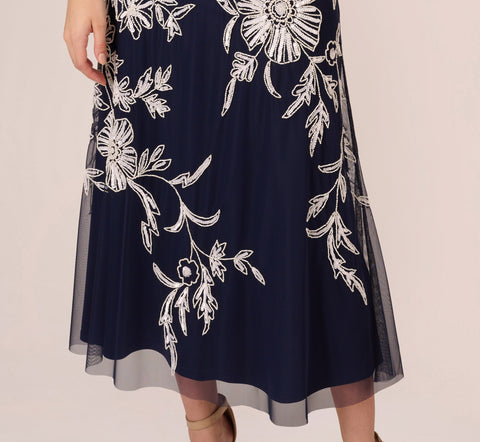 Sleeveless Floral Beaded Ankle Length Gown With V Neck In Navy Ivory