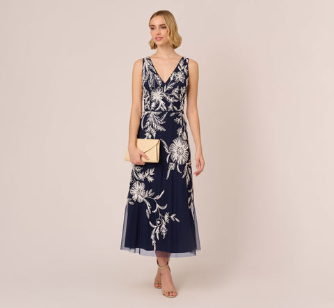 Sleeveless Floral Beaded Ankle Length Gown With V Neck In Navy Ivory