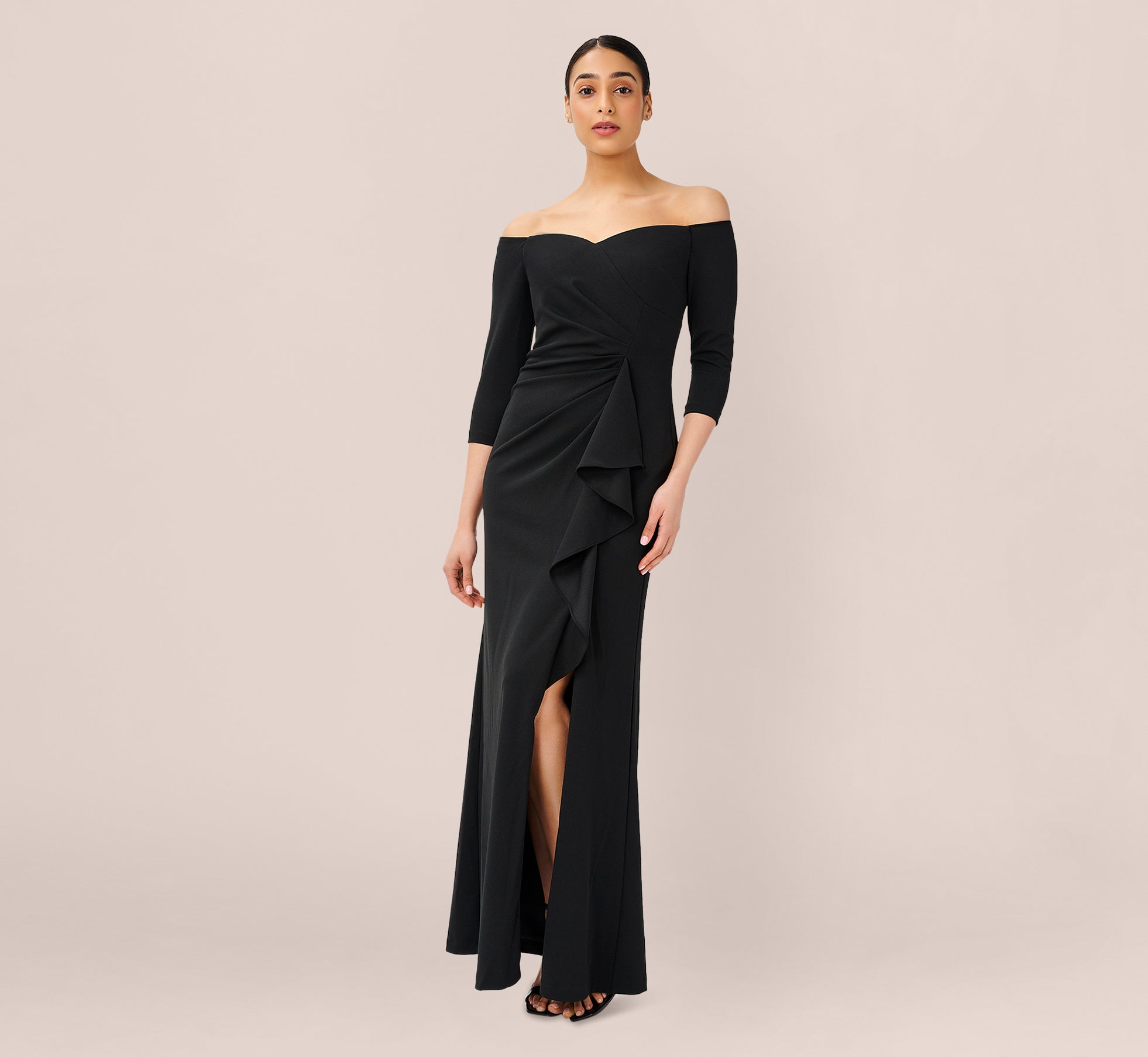 Off The Shoulder Dress With Cascading Ruffle Detail In Black – Adrianna ...