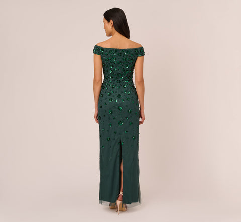 Off Shoulder Dress With Floral Embellishment In Dusty Emerald