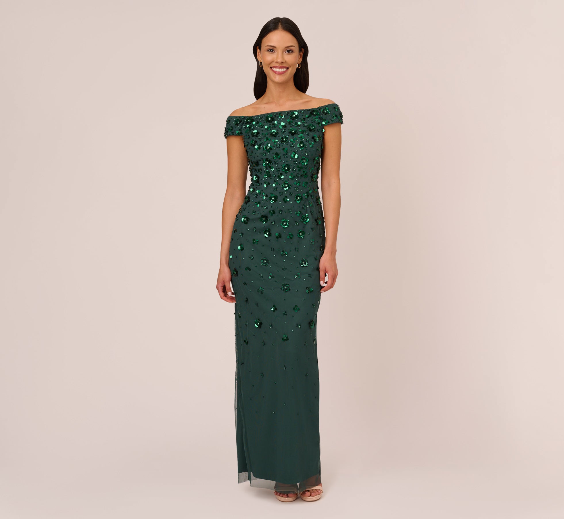 Off Shoulder Dress With Floral Embellishment In Dusty Emerald 1