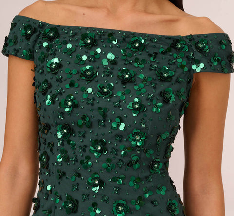 Off Shoulder Dress With Floral Embellishment In Dusty Emerald