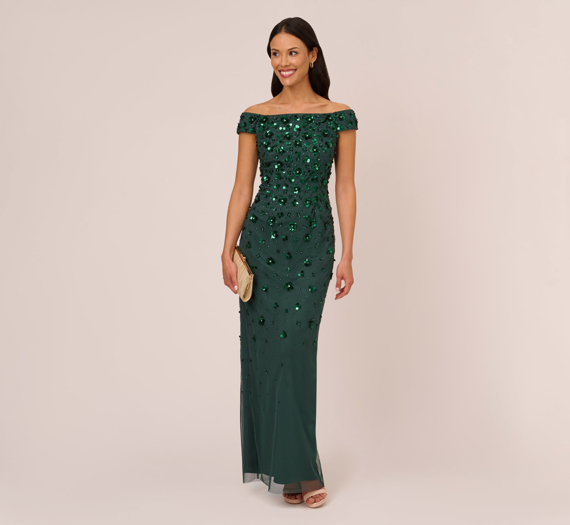 Off Shoulder Dress With Floral Embellishment In Dusty Emerald – Adrianna  Papell