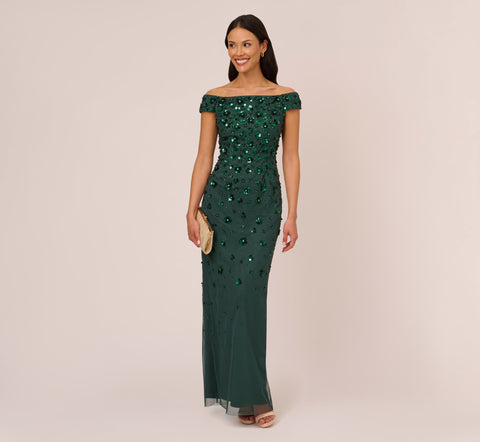 Off Shoulder Dress With Floral Embellishment In Dusty Emerald