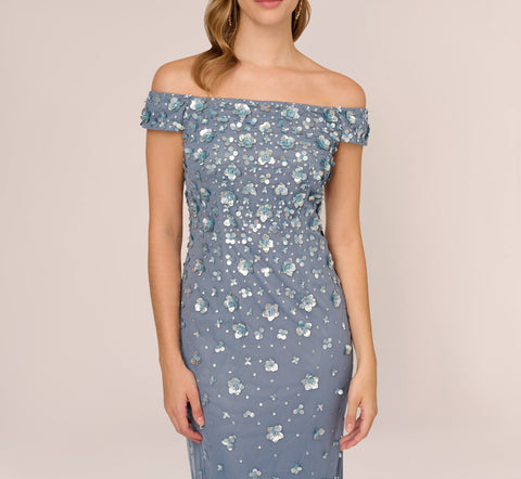 Off Shoulder Dress With Floral Embellishment In Vintage Blue