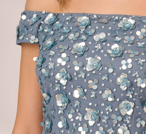 Off Shoulder Dress With Floral Embellishment In Vintage Blue