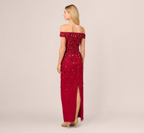 Off Shoulder Dress With Floral Embellishment In Cranberry