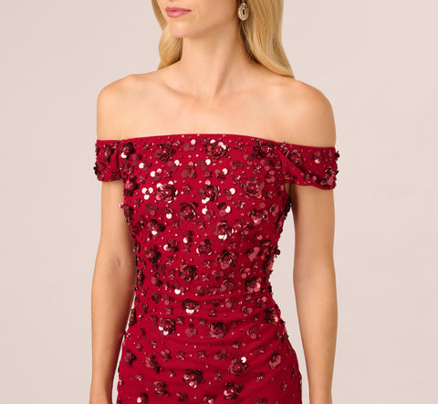 Off Shoulder Dress With Floral Embellishment In Cranberry