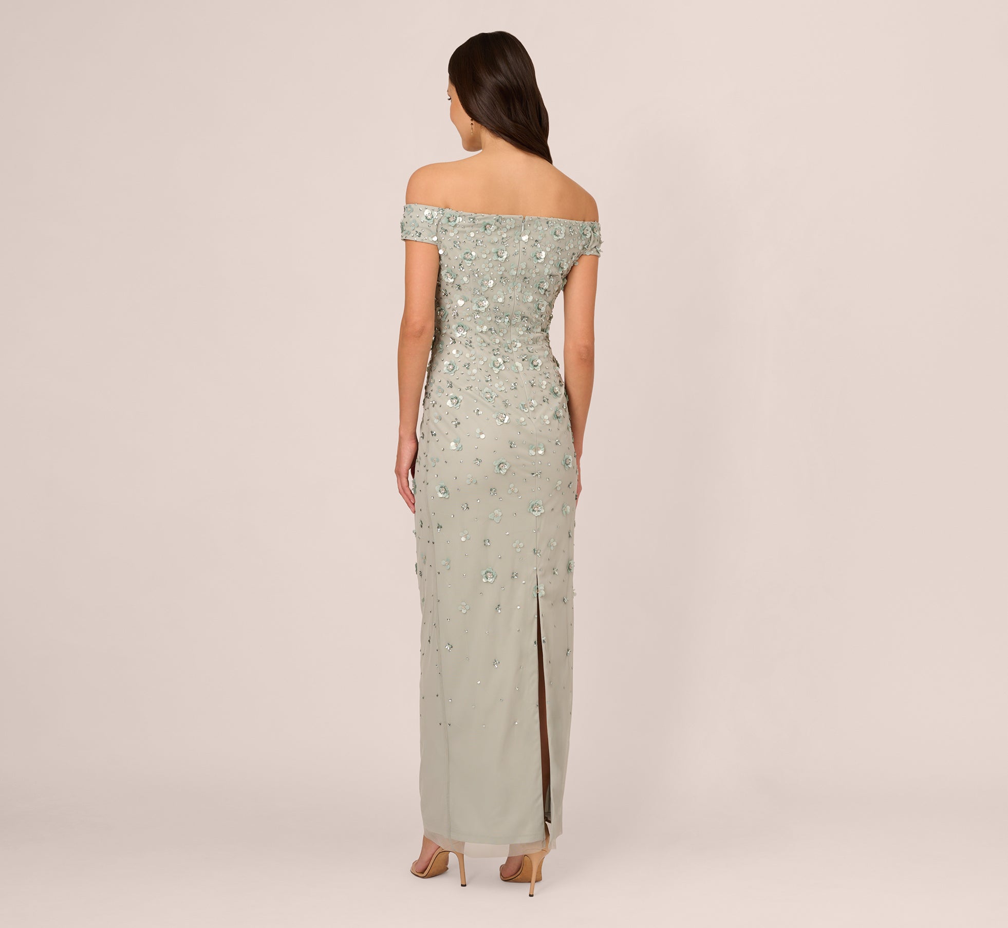 Off Shoulder Dress With Floral Embellishment In Frosted Sage