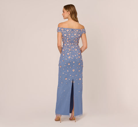 Off Shoulder Dress With Floral Embellishment In French Blue Coral