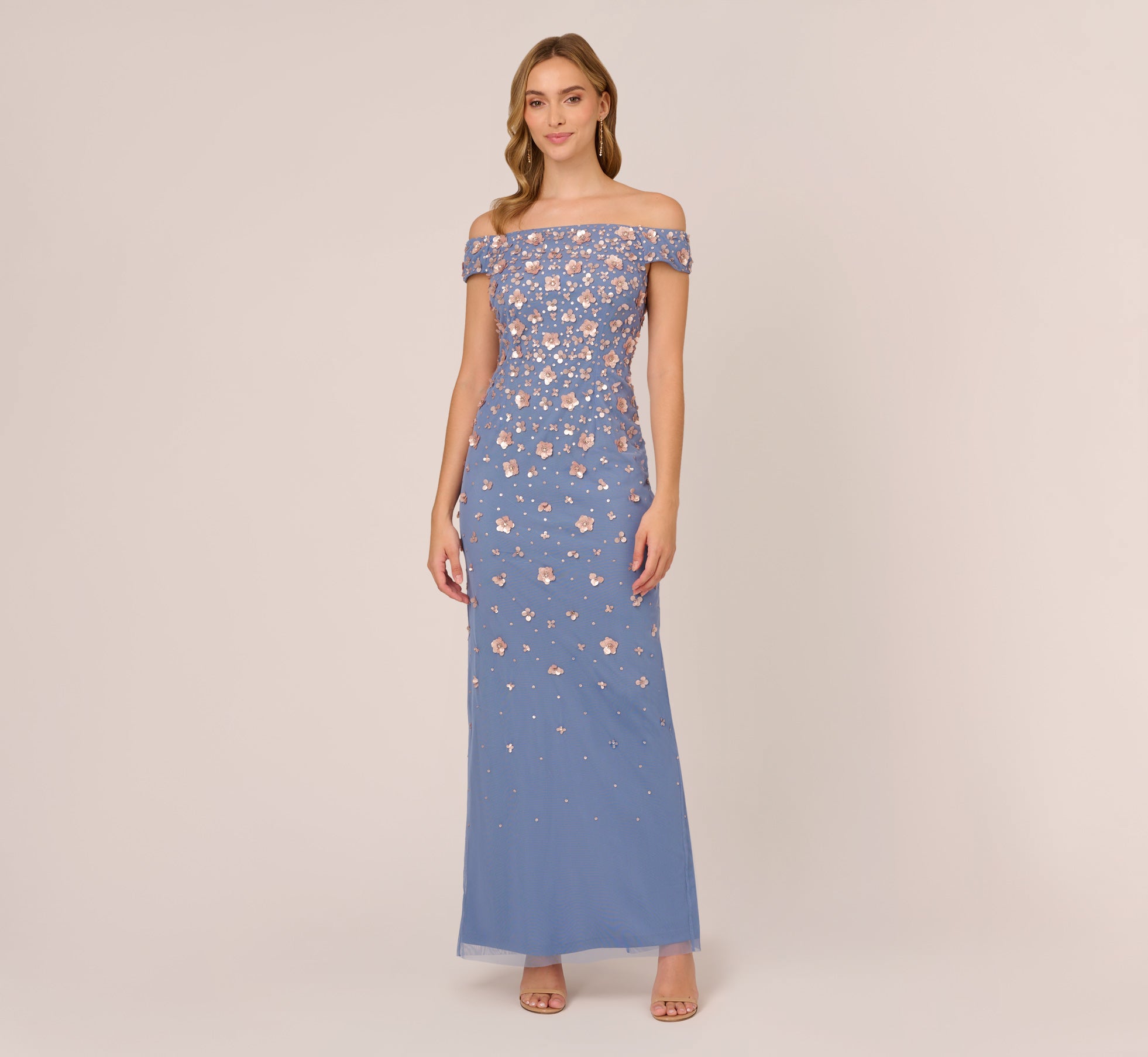 Off Shoulder Dress With Floral Embellishment In French Blue Coral