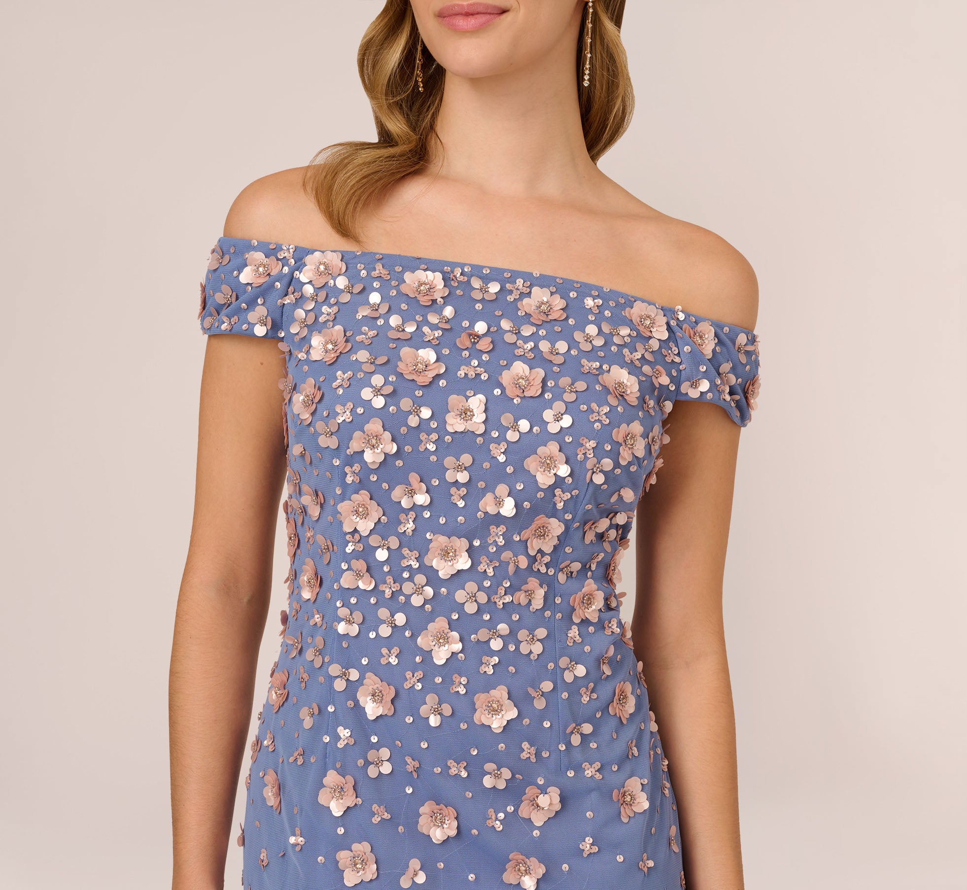 Off Shoulder Dress With Floral Embellishment In French Blue Coral