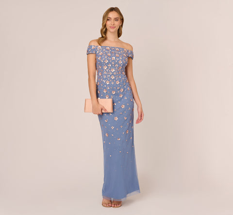 Off Shoulder Dress With Floral Embellishment In French Blue Coral