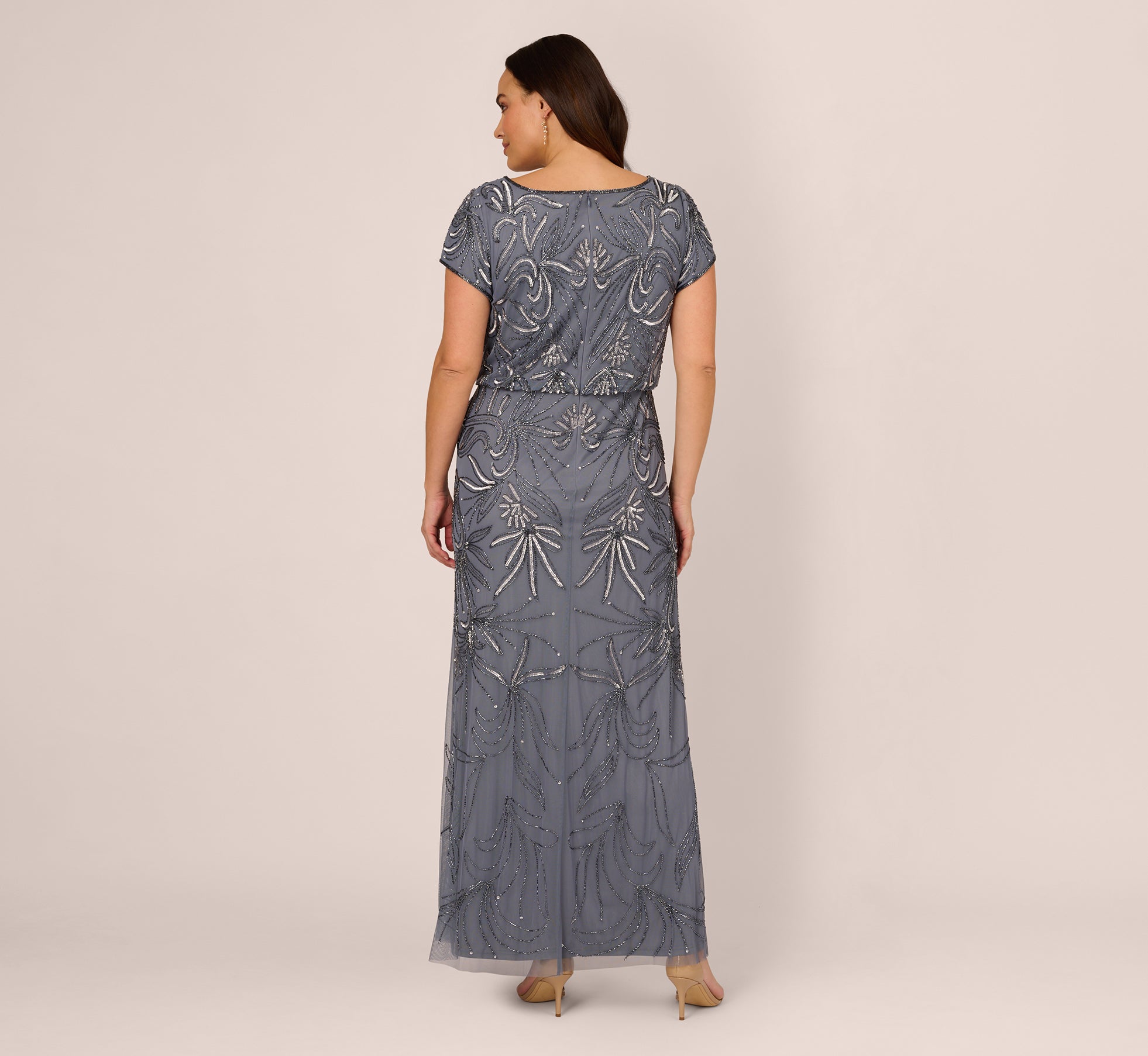 Plus Size Long Beaded Blouson Dress In Dusty Blue Adrianna Papell