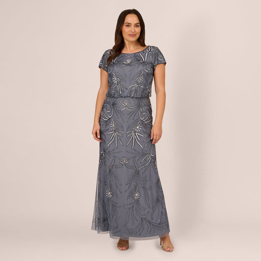 Plus Size Long Beaded Blouson Dress In Dusty Blue | Adrianna Papell
