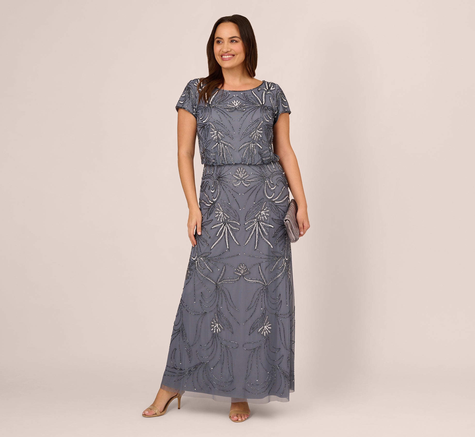 Plus Size Long Beaded Blouson Dress In Dusty Blue Adrianna Papell