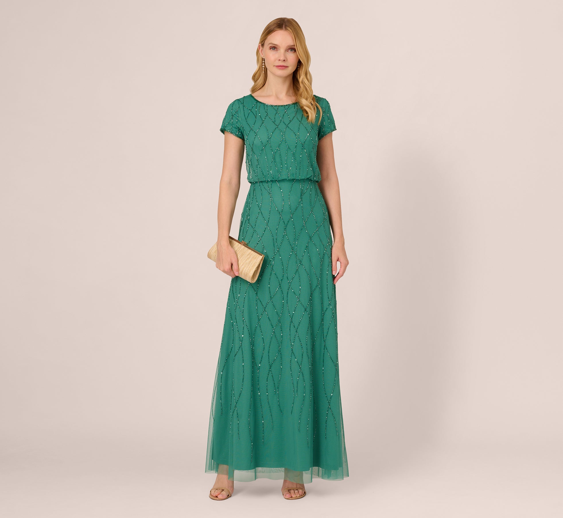 Hand Beaded Long Dress In Jungle Green Adrianna Papell