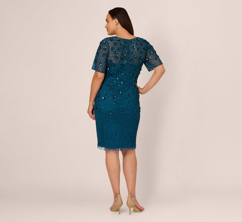 Plus Size Beaded Cocktail Dress In Teal Sapphire