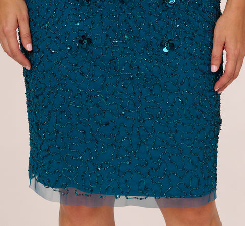 Plus Size Beaded Cocktail Dress In Teal Sapphire