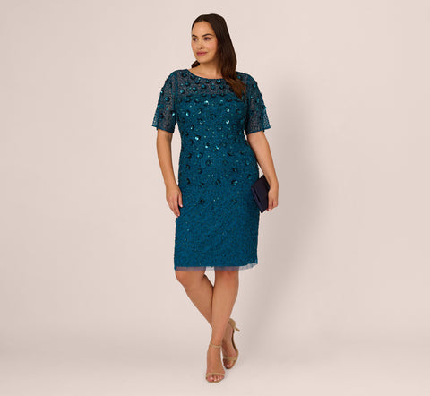 Plus Size Beaded Cocktail Dress In Teal Sapphire