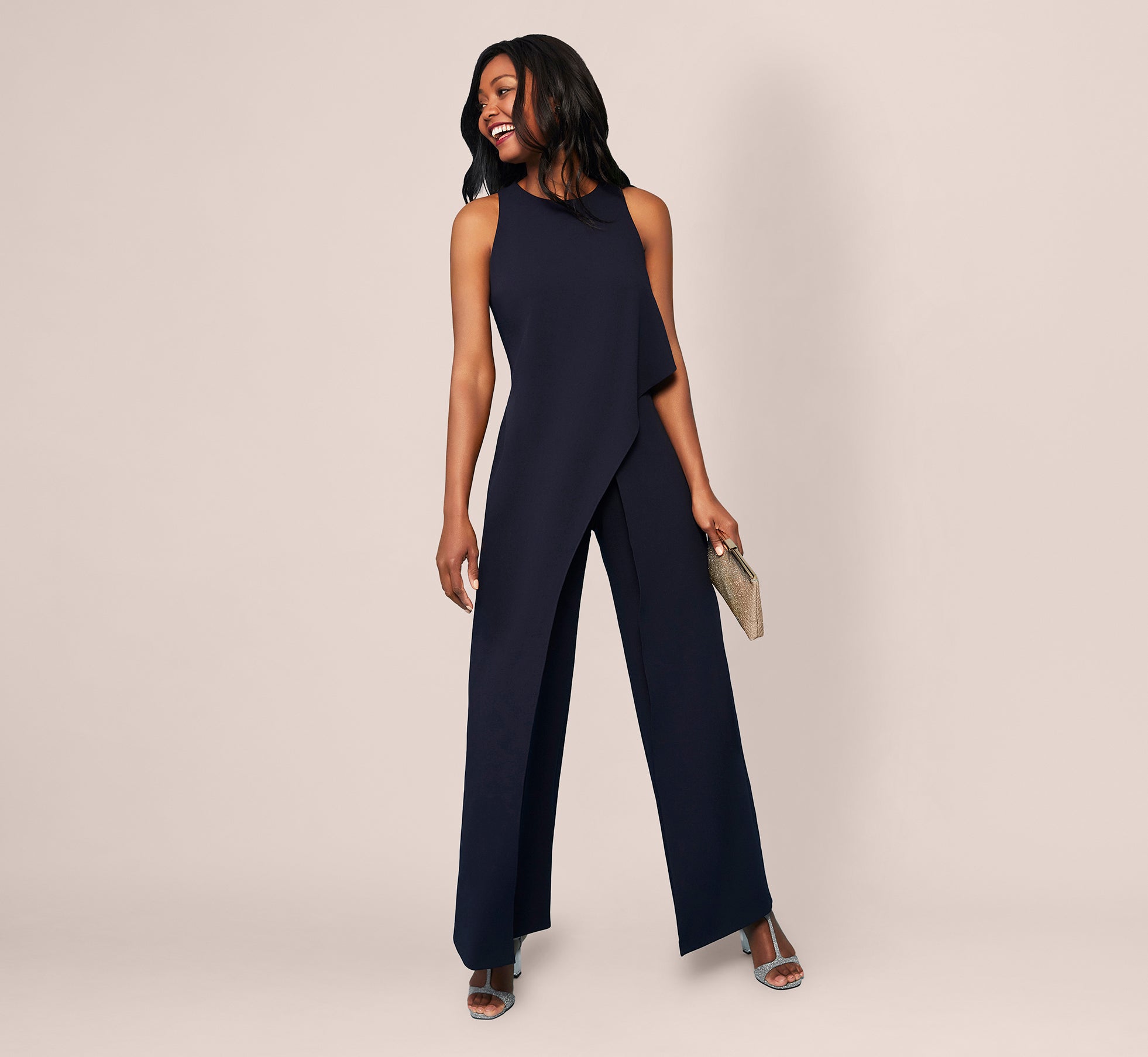 Adrianna 2024 Papell Draped One Shoulder Jumpsuit Midnight Blue Size 14