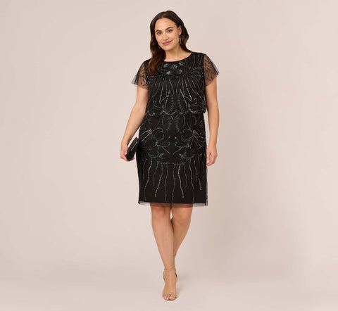 Plus Size Short Sleeve Beaded Cocktail Dress With Popover In Black Gun Adrianna Papell