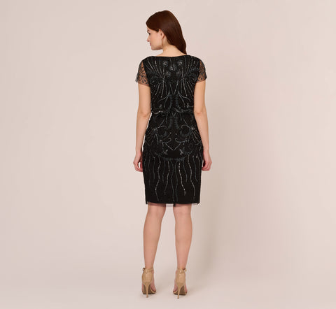 Short Sleeve Beaded Cocktail Dress With Popover In Black Gunmetal