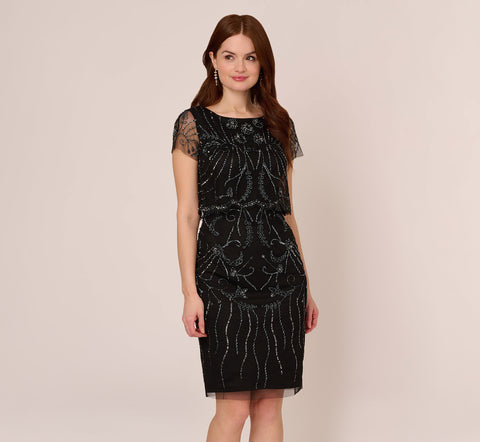 Short Sleeve Beaded Cocktail Dress With Popover In Black Gunmetal