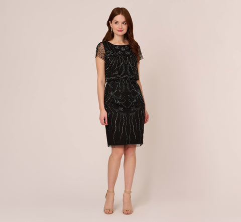 Short Sleeve Beaded Cocktail Dress With Popover In Black Gunmetal