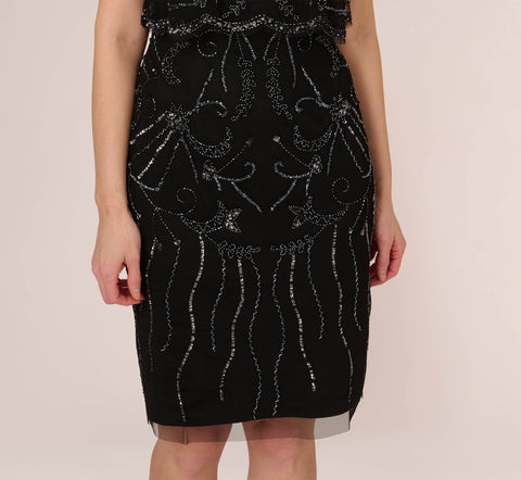 Short Sleeve Beaded Cocktail Dress With Popover In Black Gunmetal