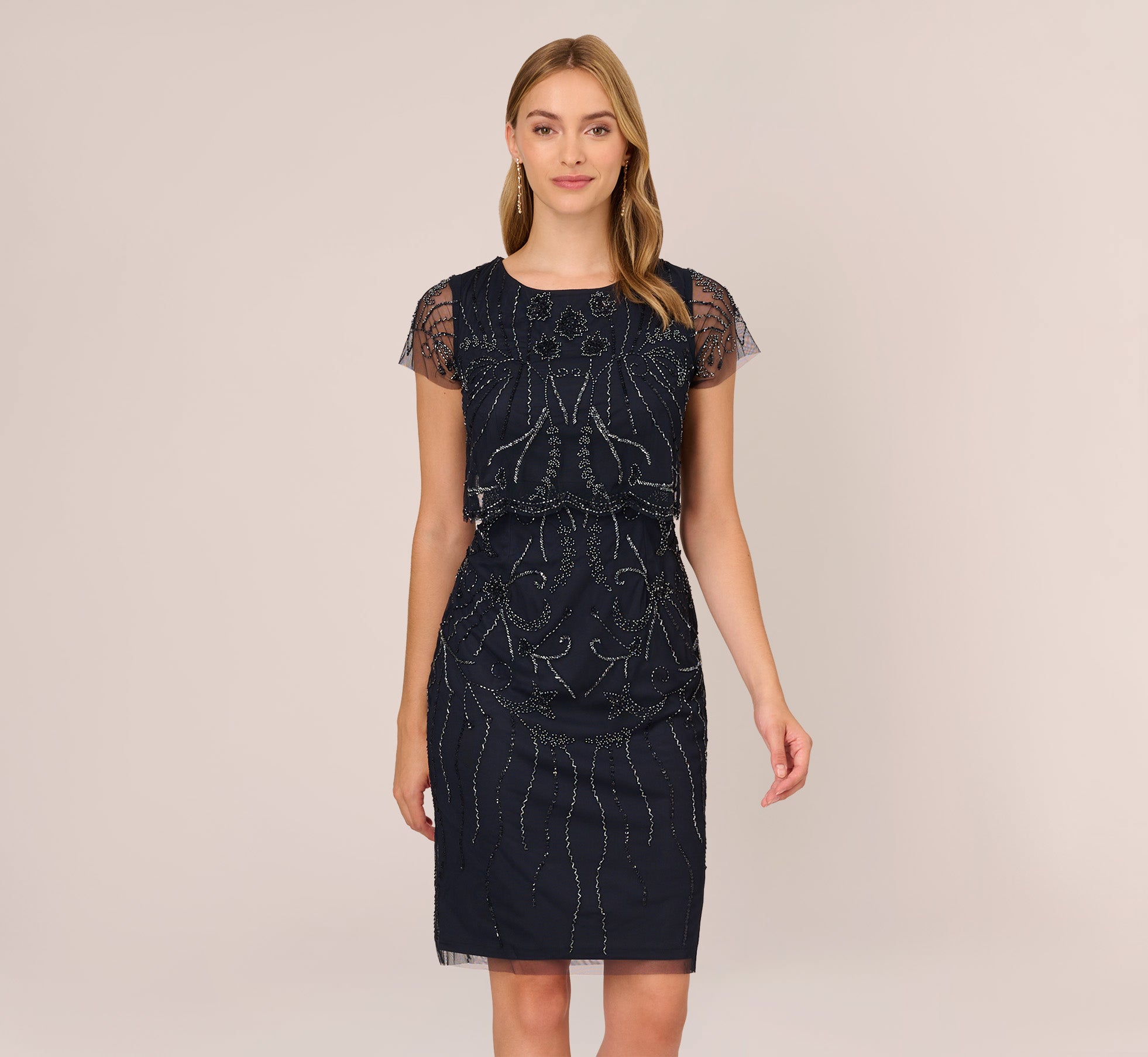 Short Sleeve Beaded Cocktail Dress With Popover In Midnight