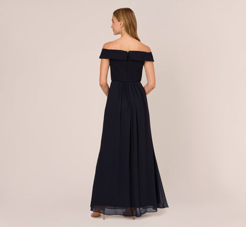 Off The Shoulder Crepe Chiffon Gown With Soft Skirt In Midnight
