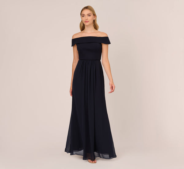 Off The Shoulder Crepe Chiffon Gown With Soft Skirt In Midnight