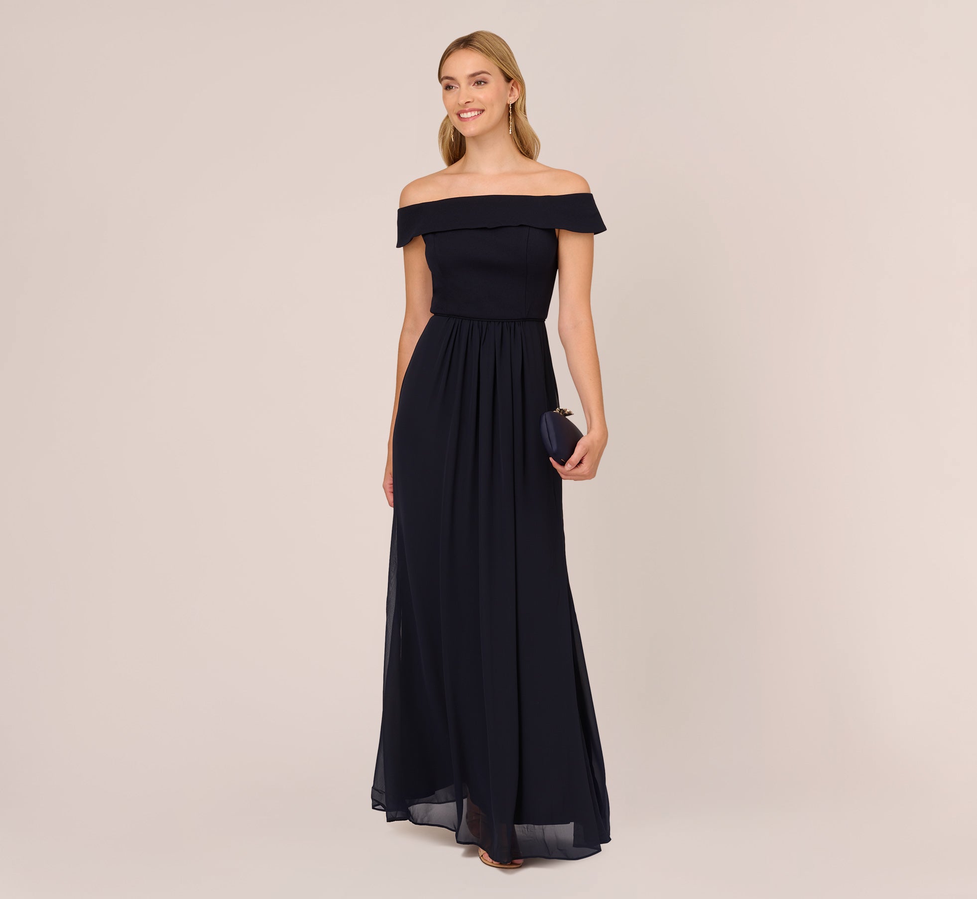 Off The Shoulder Crepe Chiffon Gown With Soft Skirt In Midnight