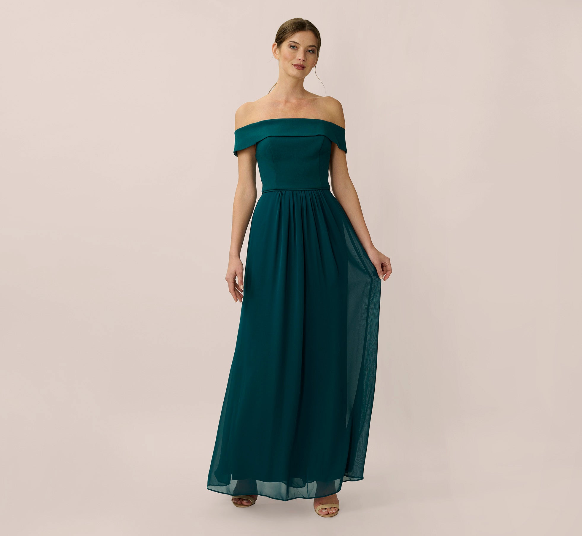 Off The Shoulder Crepe Chiffon Gown With Soft Skirt In Hunter