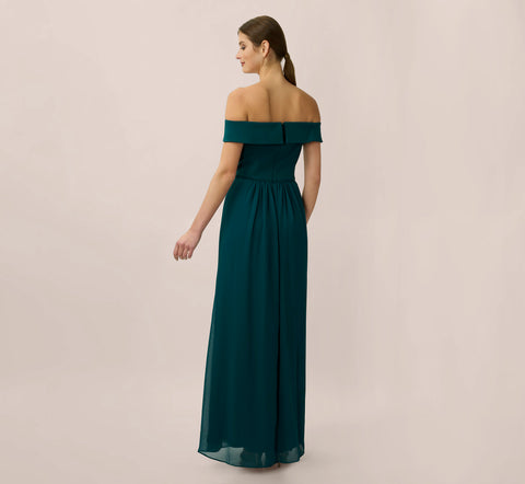 Off The Shoulder Crepe Chiffon Gown With Soft Skirt In Hunter