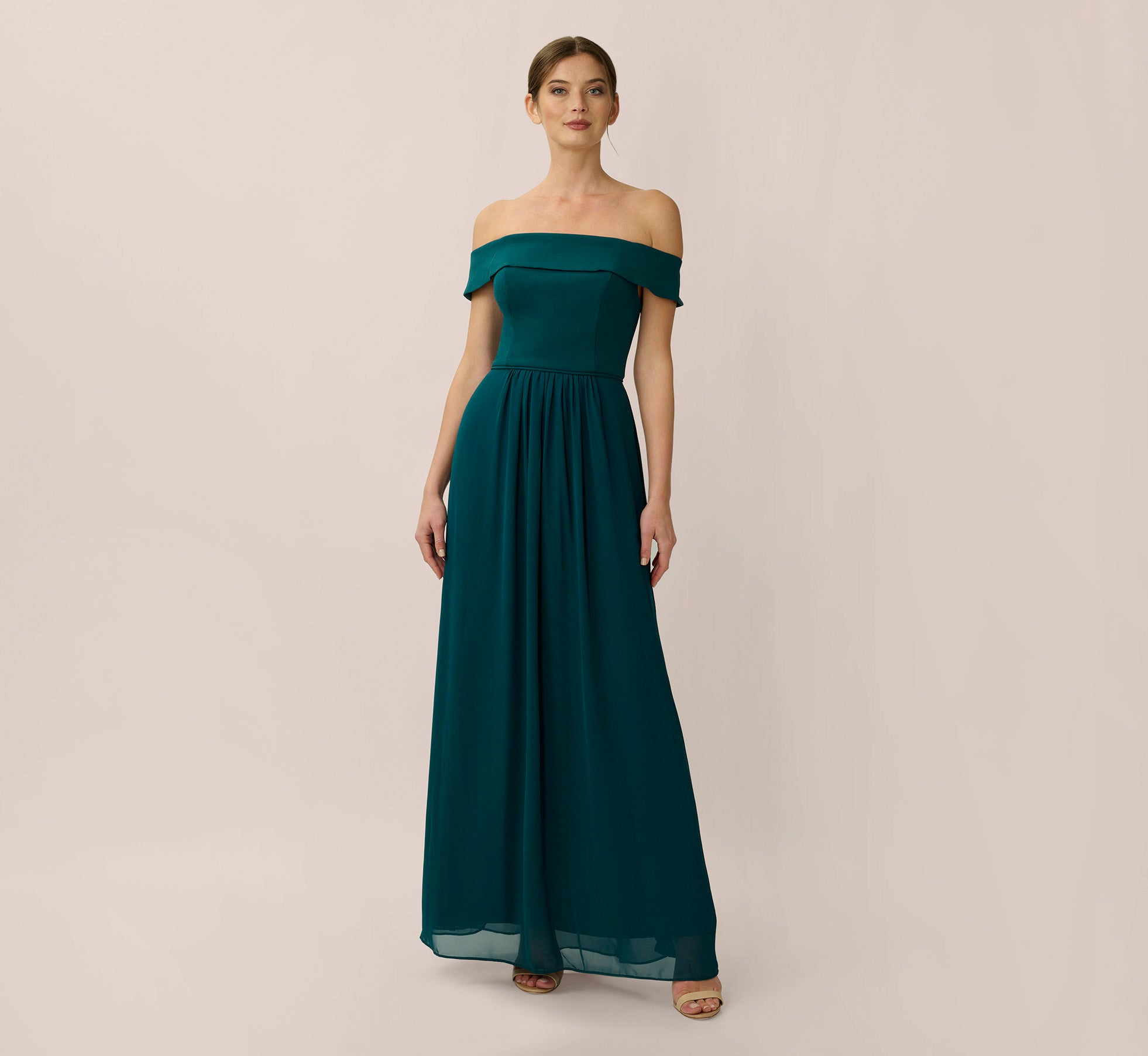 Off The Shoulder Crepe Chiffon Gown With Soft Skirt In Hunter 1