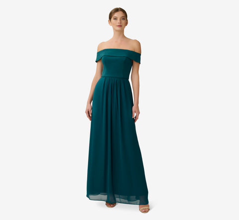 Off The Shoulder Crepe Chiffon Gown With Soft Skirt In Hunter