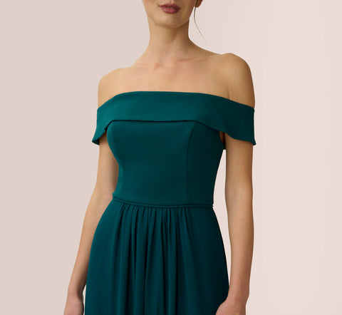 Off The Shoulder Crepe Chiffon Gown With Soft Skirt In Hunter