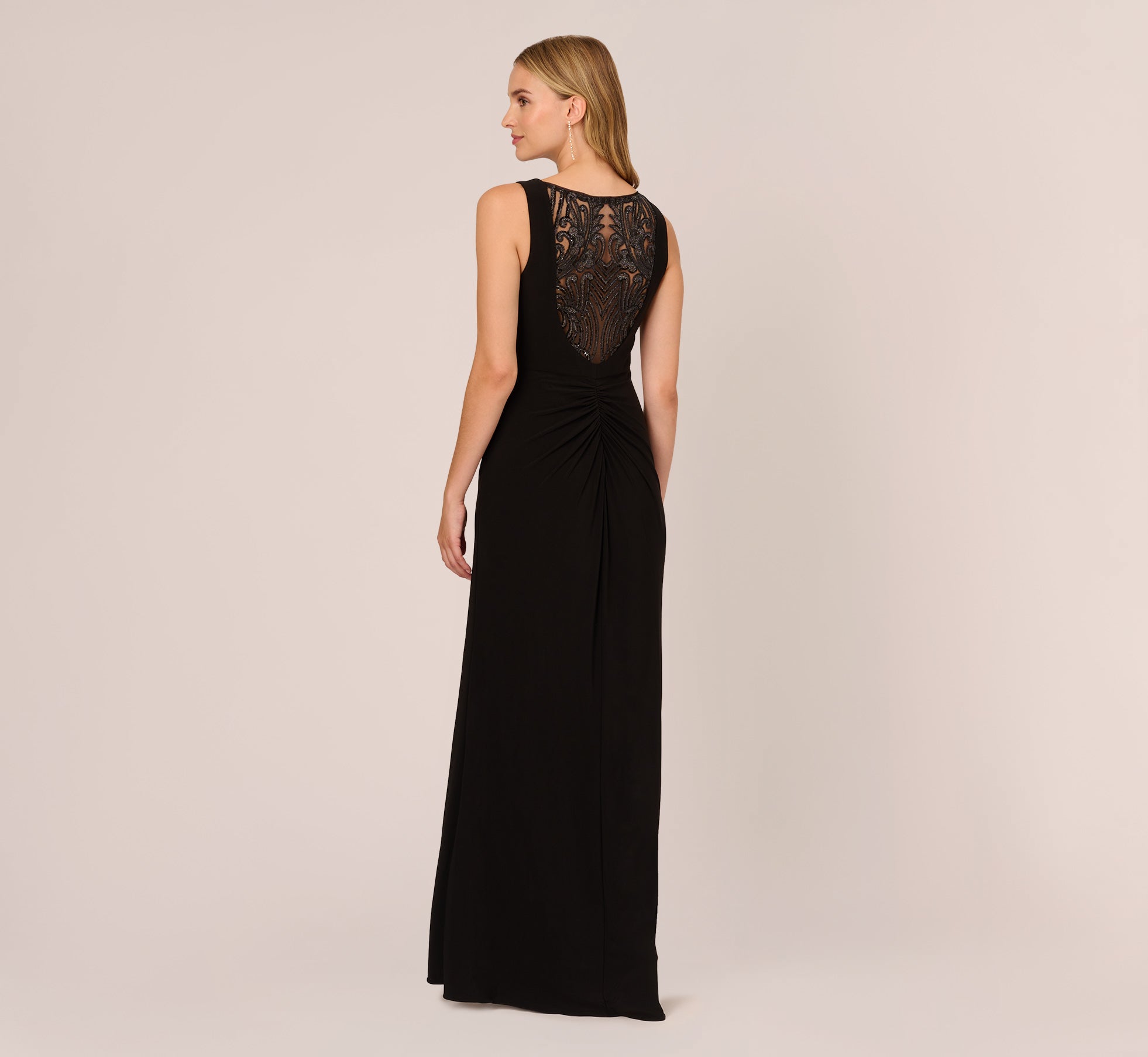 Hand Sequined Ruched Long Jersey Gown In Black Adrianna Papell