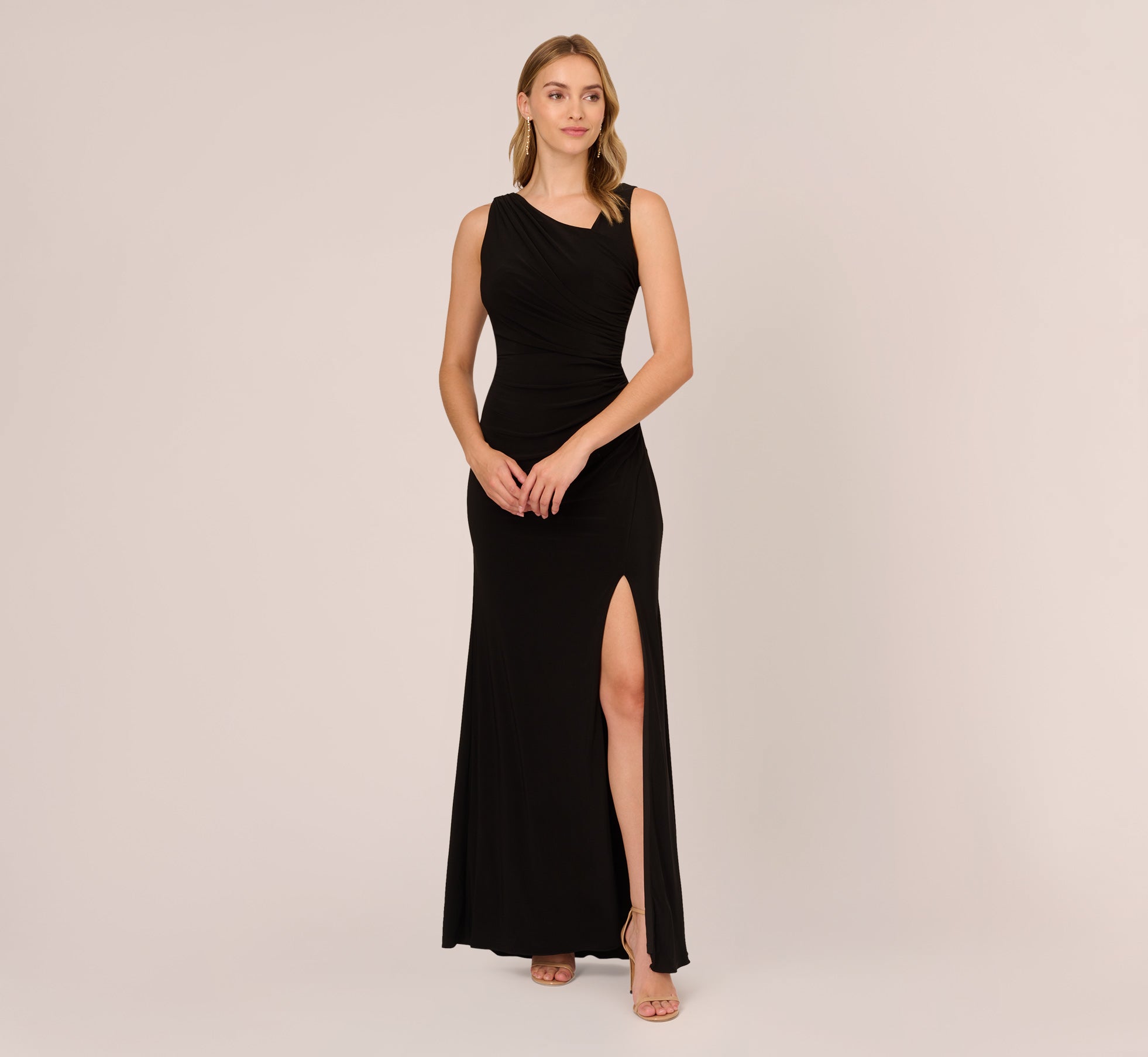 Hand Sequined Ruched Long Jersey Gown In Black Adrianna Papell