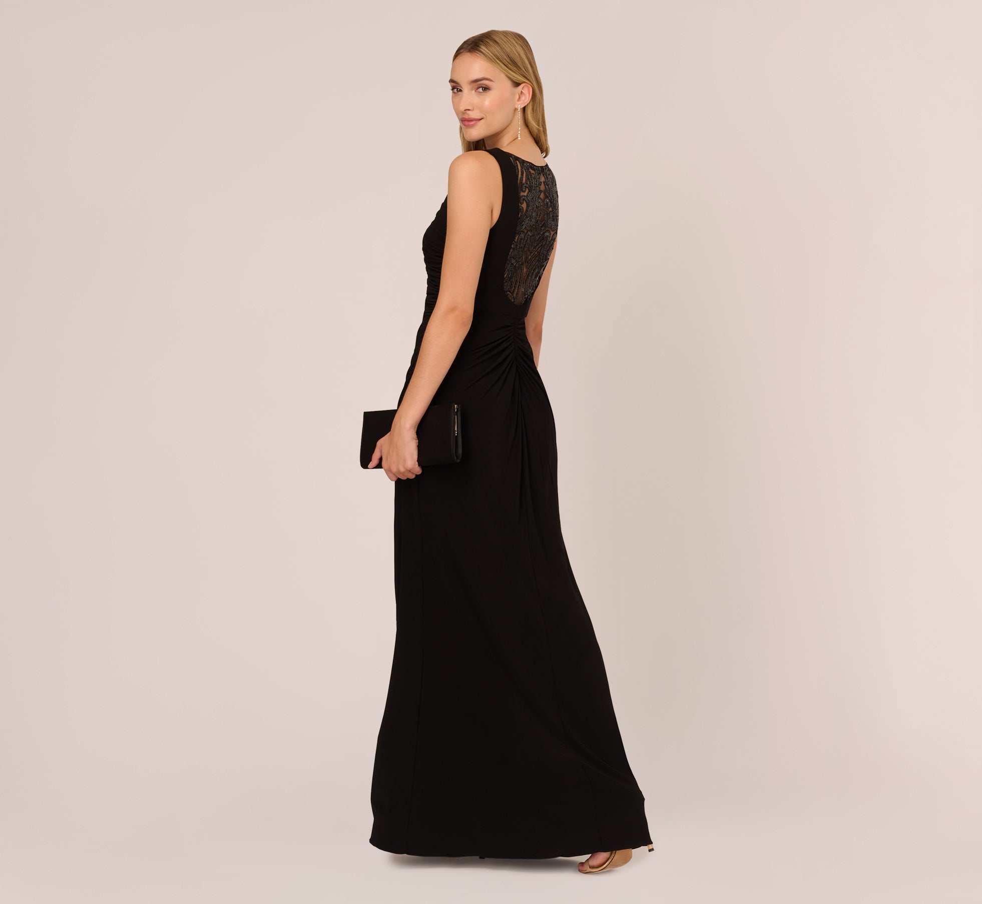 Hand-Sequined Ruched Long Jersey Gown In Black | Adrianna Papell