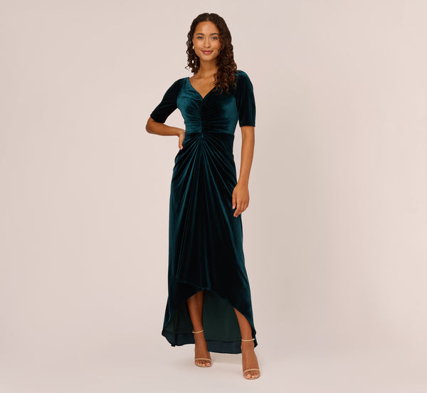 Shirred Velvet Gown With Elbow Length Sleeves In Emerald