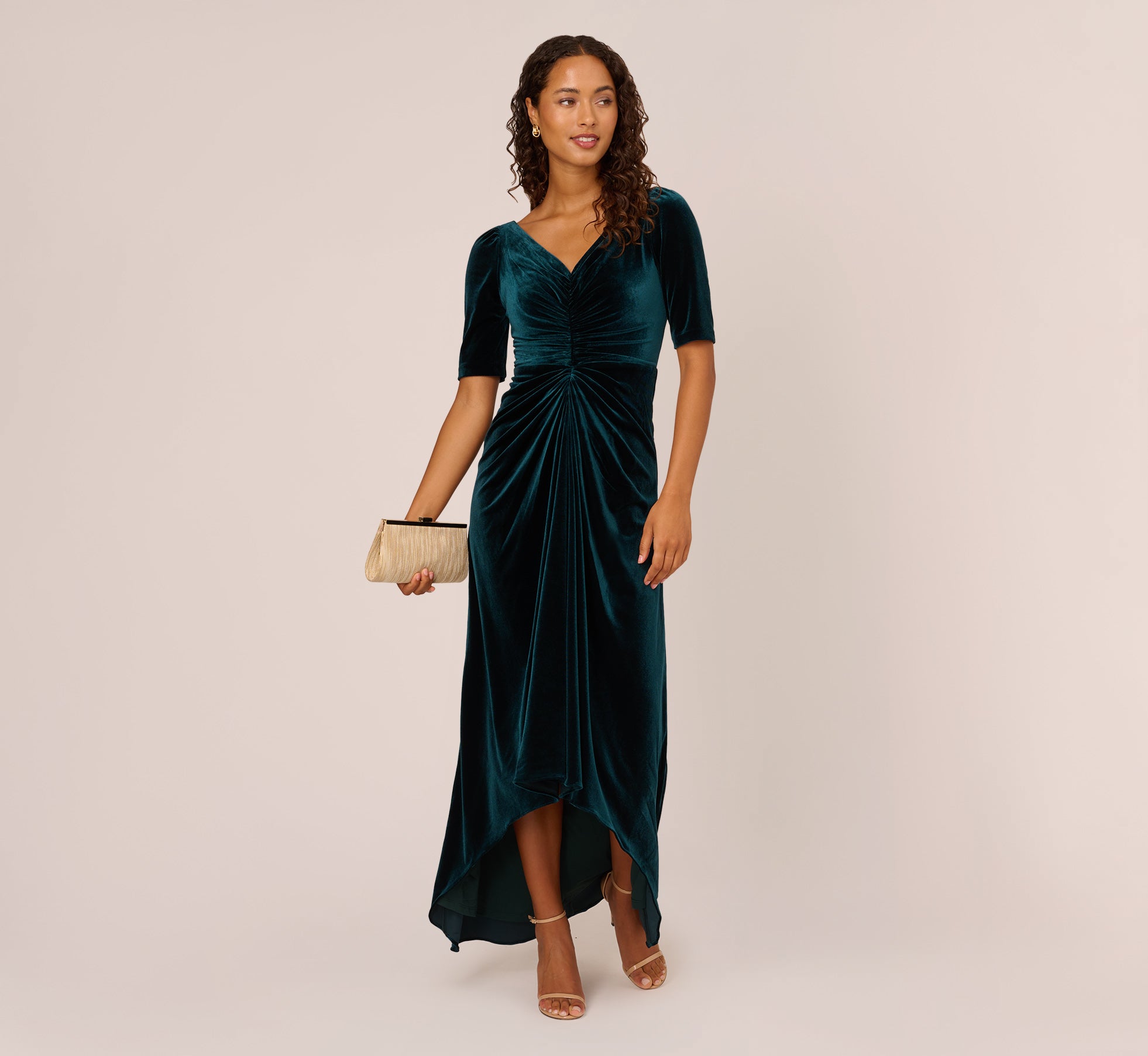 Shirred Velvet Gown With Elbow Length Sleeves In Emerald